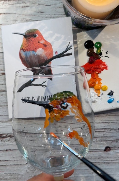 Hand-Painted Rufous Hummingbird Wine Glass: Bird Lover Gift