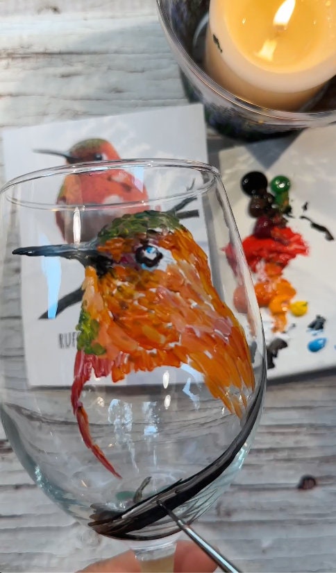 Hand-Painted Rufous Hummingbird Wine Glass: Bird Lover Gift