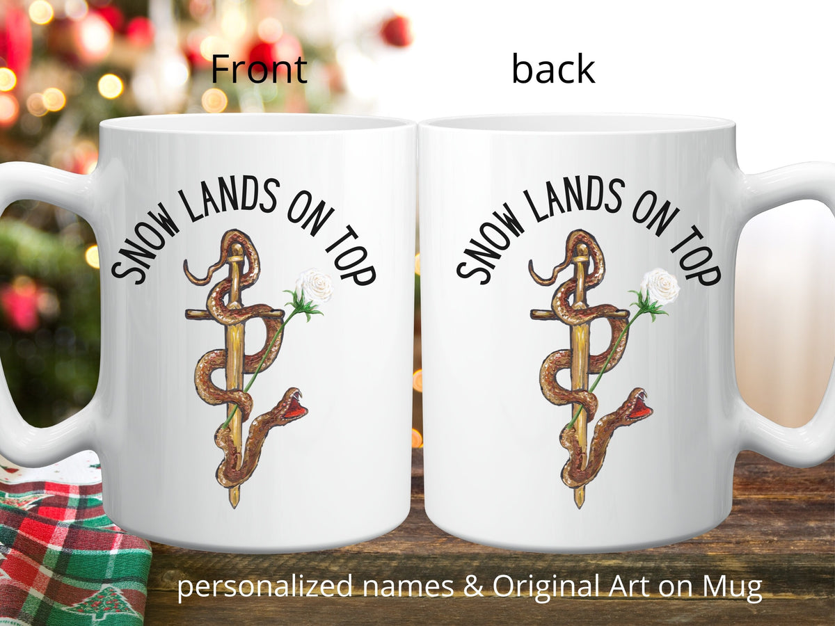 Snow Lands on Top Mug, Snake Mug, The Hunger Games, President Snow, Coriolanus Snow, Snake and Rose Mug, Custom Name Mug, White Rose Mug