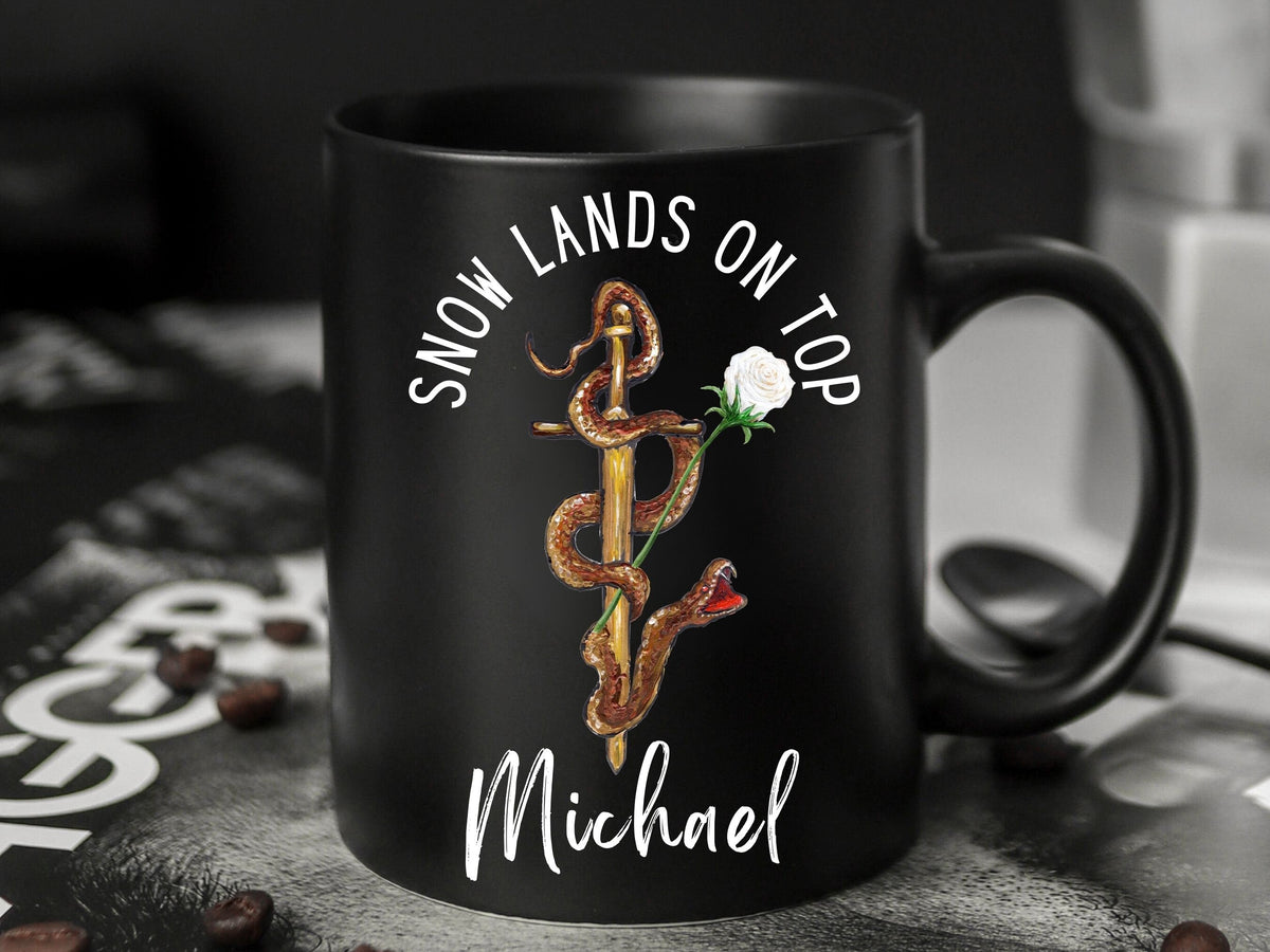 Snow Lands on Top Mug, Snake Mug, The Hunger Games, President Snow, Coriolanus Snow, Snake and Rose Mug, Custom Name Mug, White Rose Mug