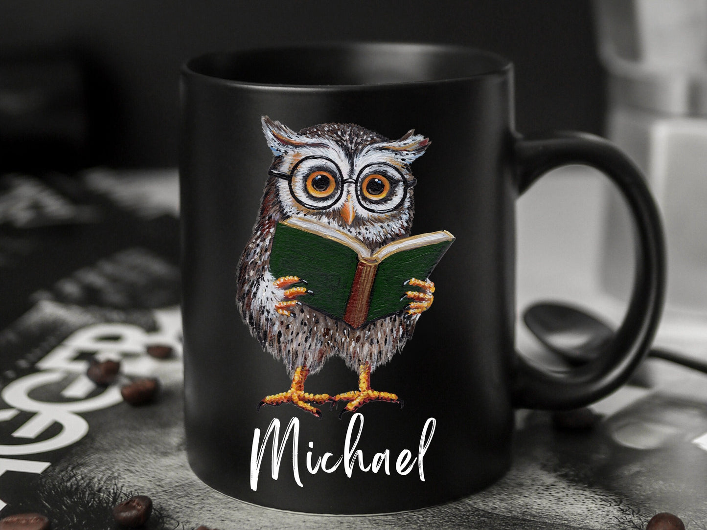 Personalized Owl Reading Book Mug, Custom Name Gift