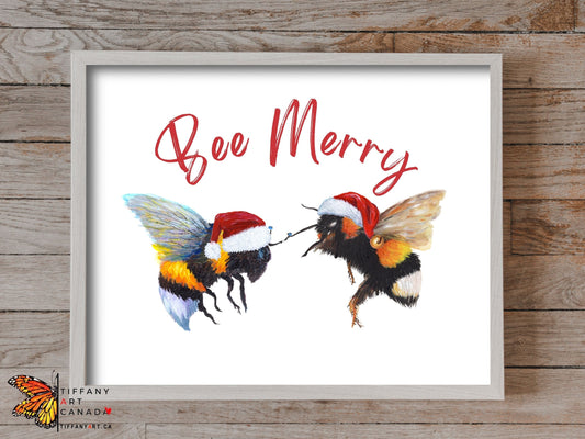 Bee Merry Christmas printable art with bumble bees in Santa hats