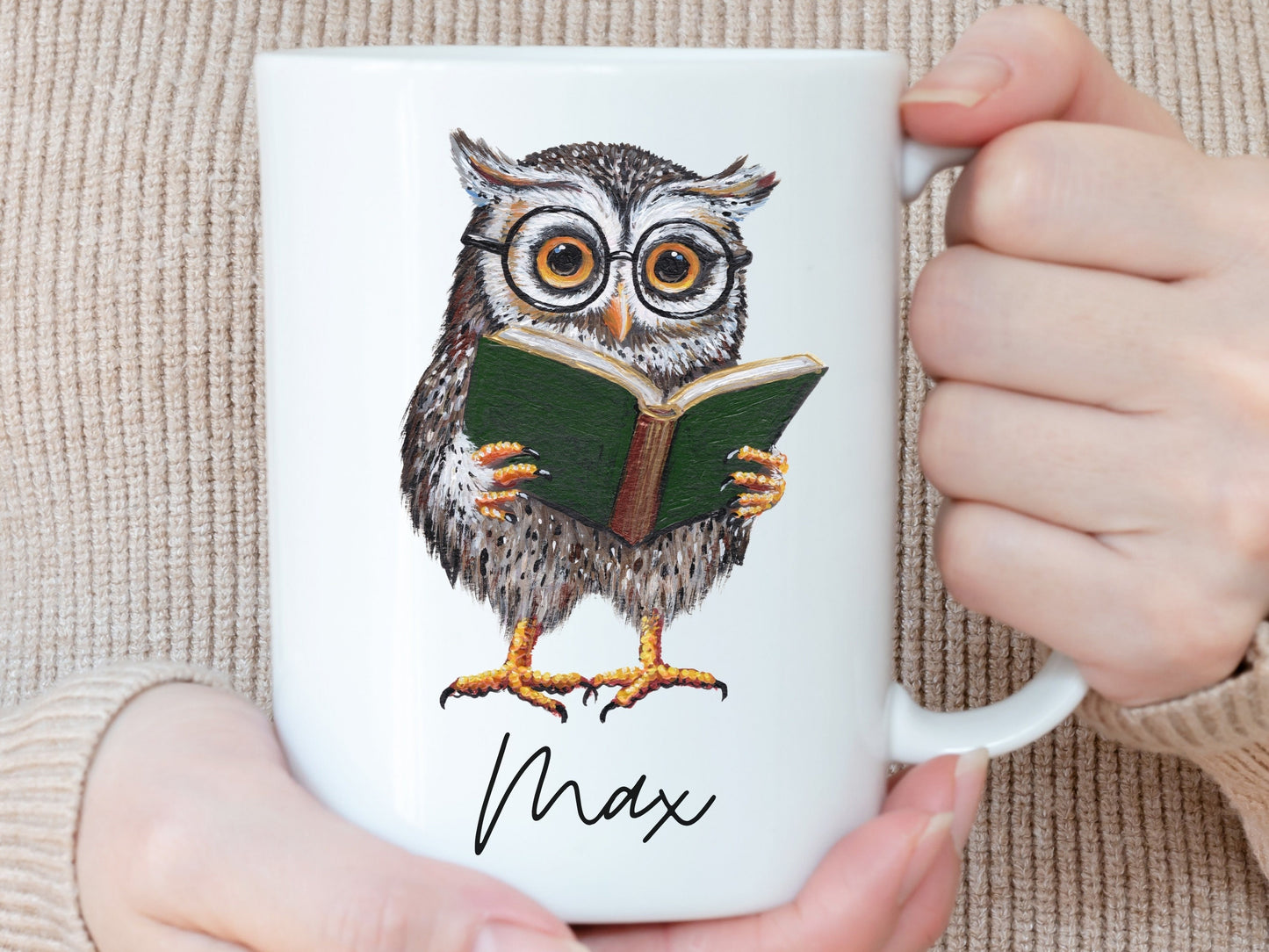 Personalized Owl Reading Book Mug, Custom Name Gift