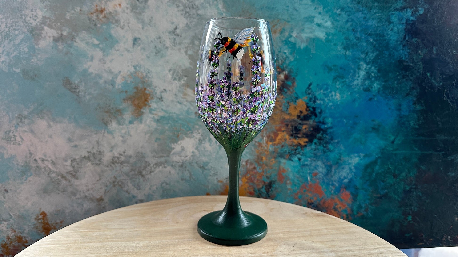 Hand Painted Lavender Wine Glass: Lavender & Bee Design