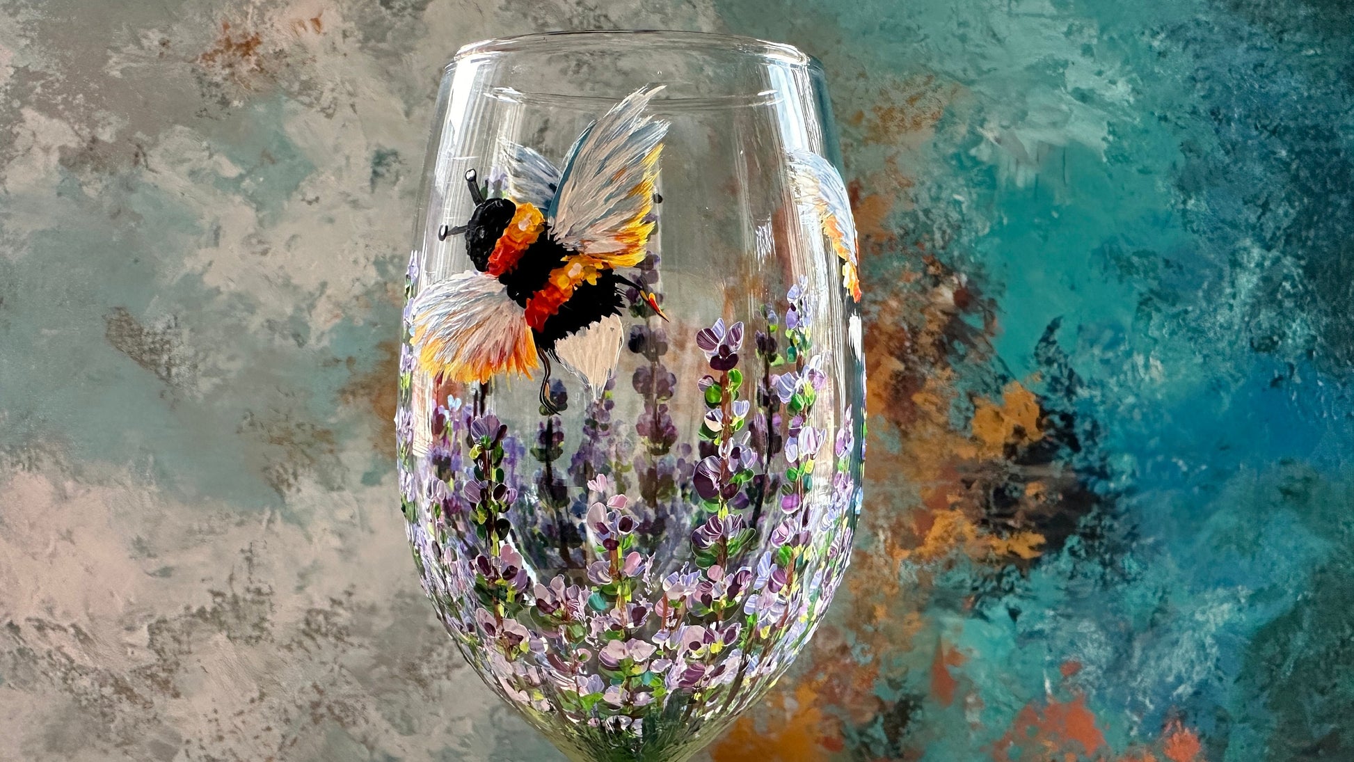 Hand Painted Lavender Wine Glass: Lavender & Bee Design