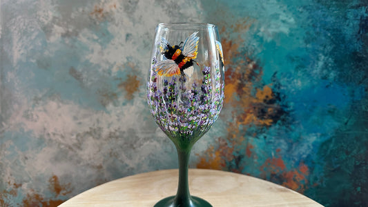 Hand Painted Lavender Wine Glass: Lavender & Bee Design