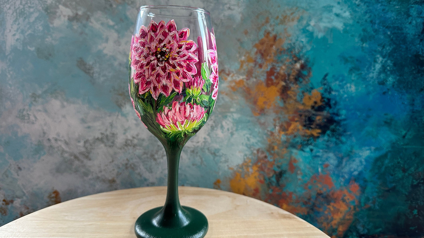 Hand Painted Dahlia Wine Glass: Personalized Floral Gift