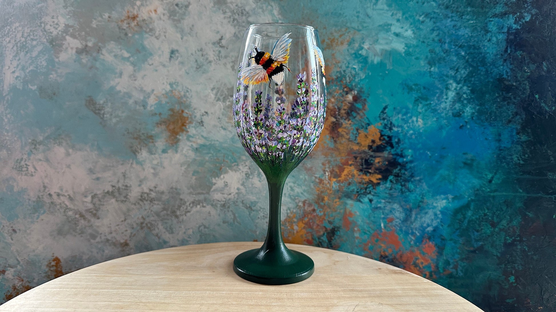 Hand Painted Lavender Wine Glass: Lavender & Bee Design
