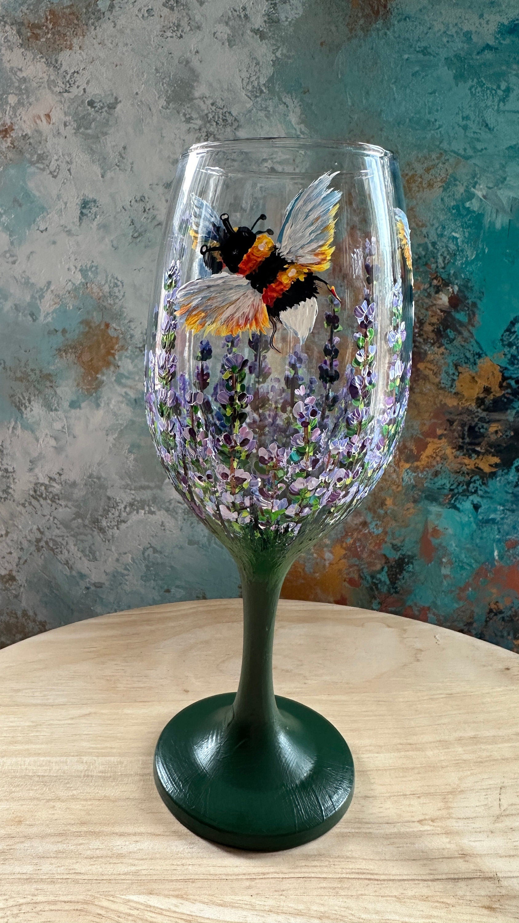 Hand Painted Lavender Wine Glass: Lavender & Bee Design