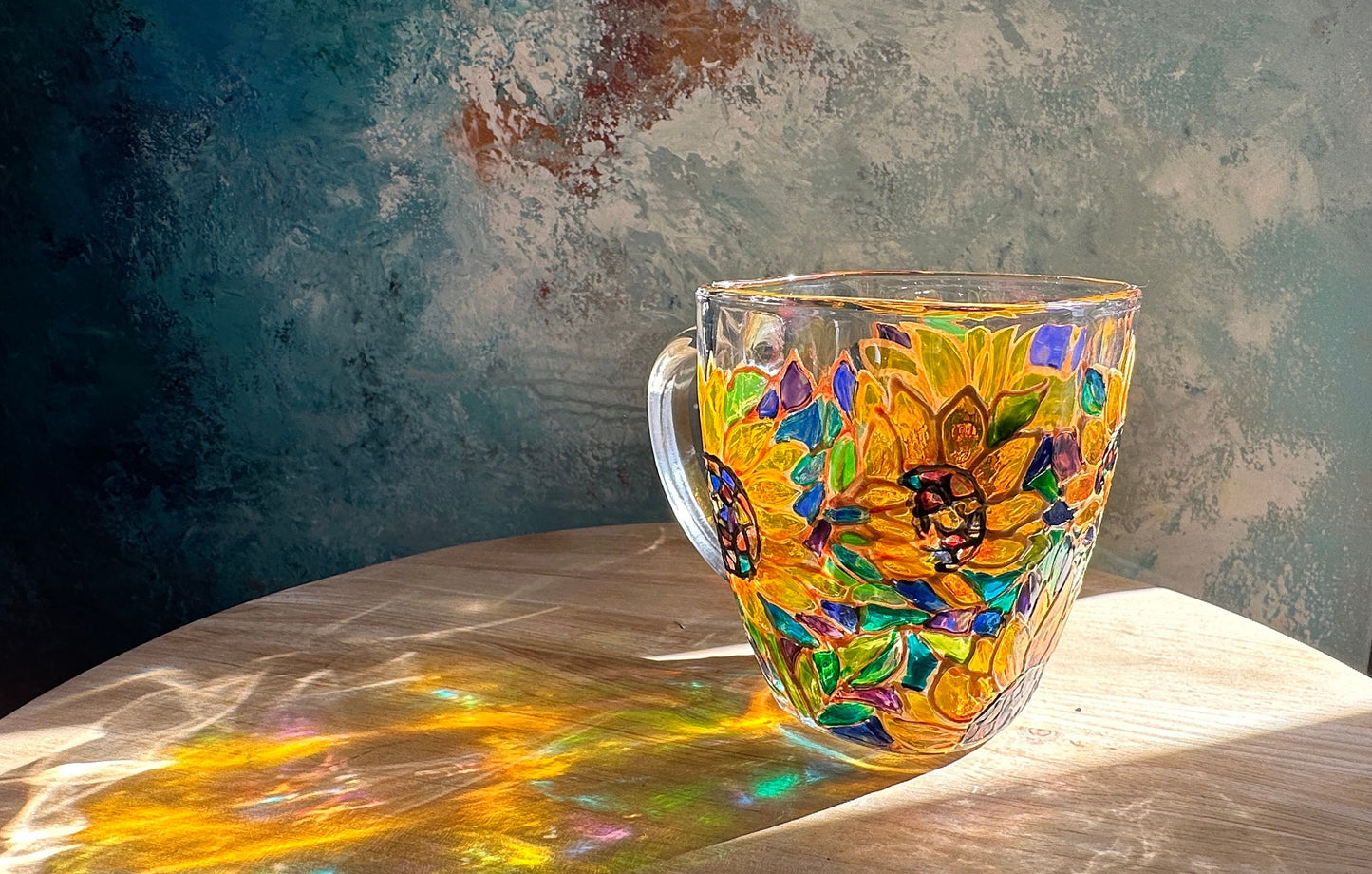 Hand-Painted Sunflower Glass Mug: Stained Glass Style Flower Gift