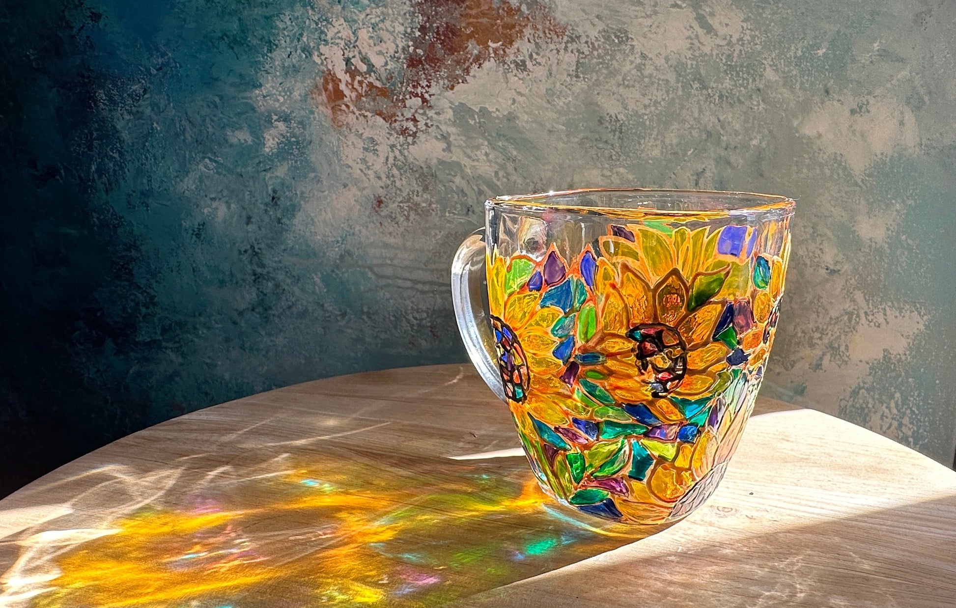 Hand-Painted Sunflower Glass Mug: Stained Glass Style Flower Gift