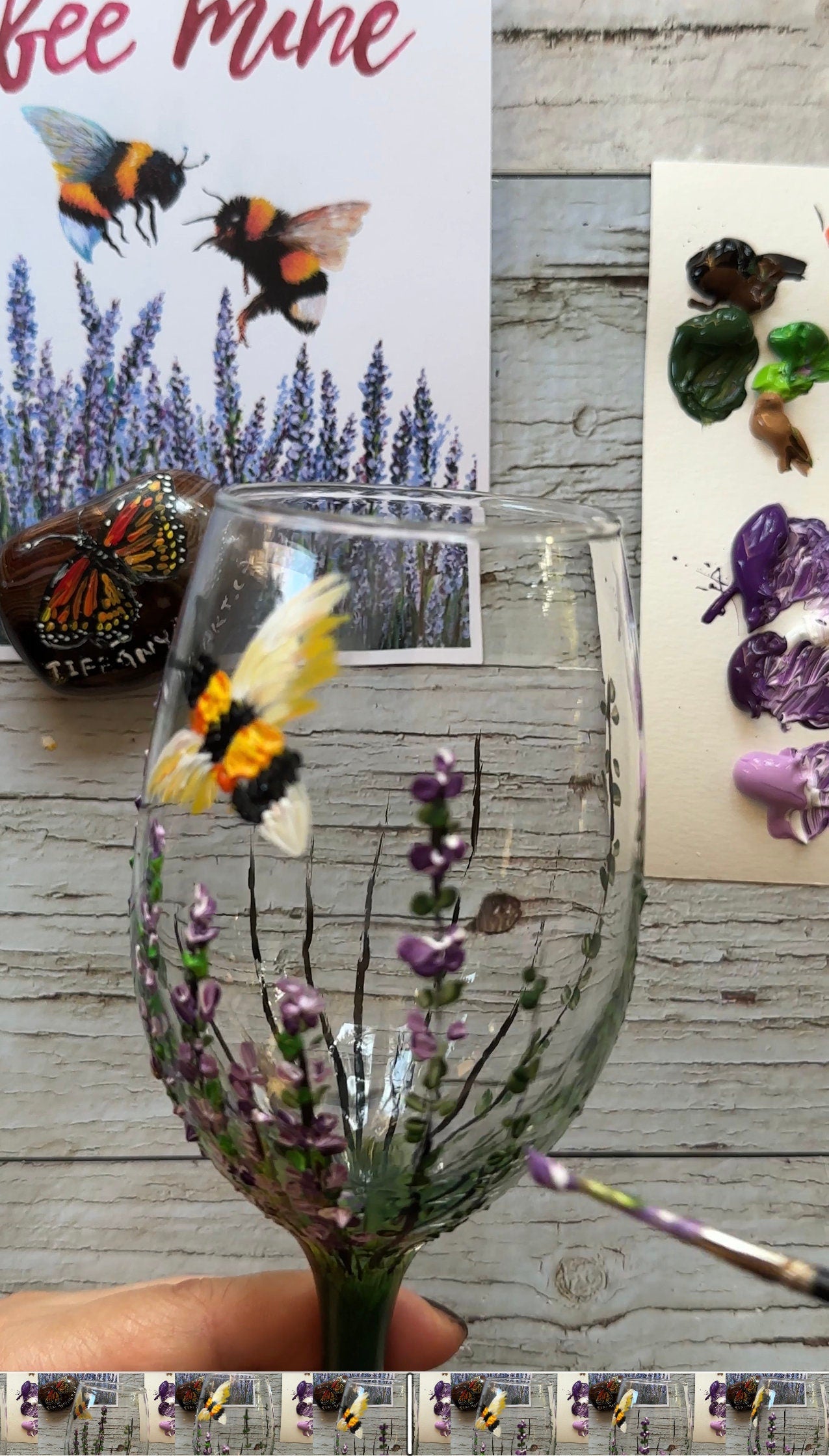 Hand Painted Lavender Wine Glass: Lavender & Bee Design