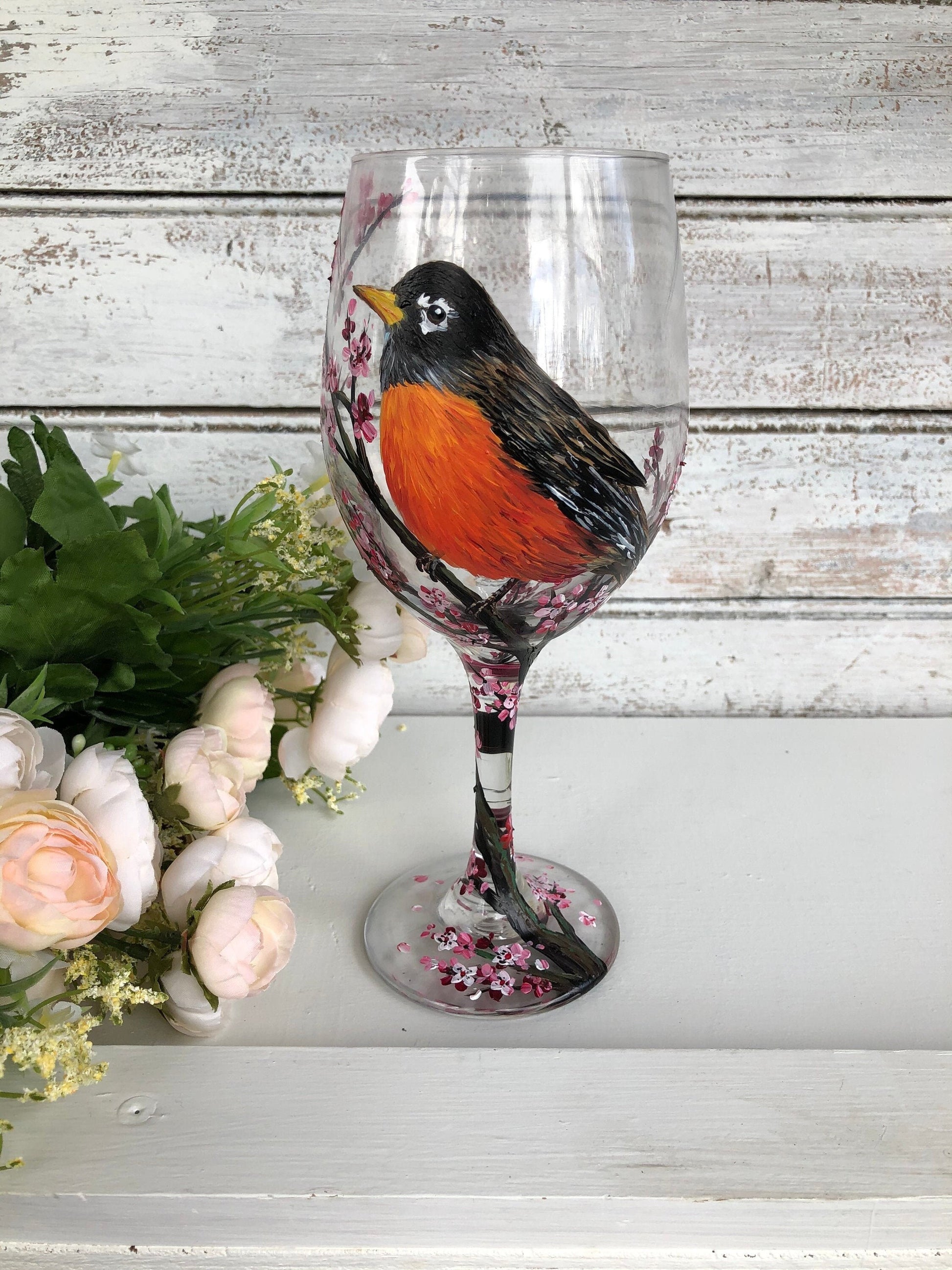 Hand-Painted Robin Wine Glass: State Bird Art