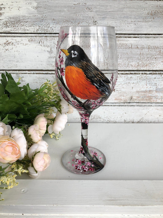 Hand-Painted Robin Wine Glass: State Bird Art