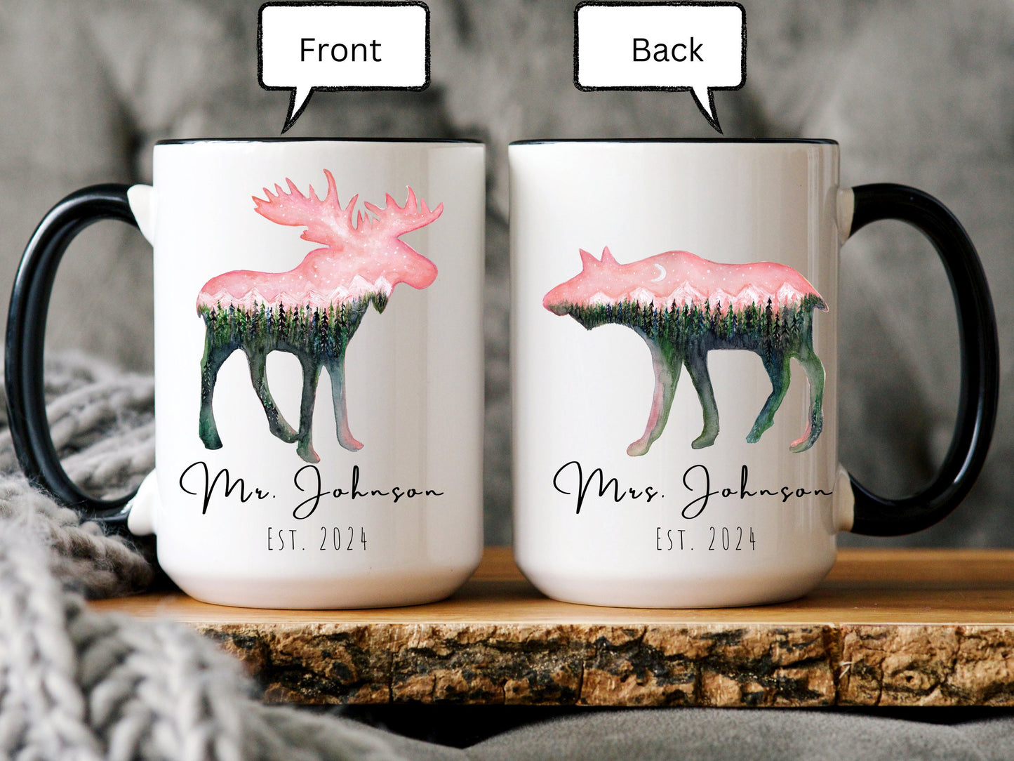 Personalized Moose Mug, Mr and Mrs Mug, Wedding Gift for Couple Gift, Custom Couple Name Mug, New Bride and Groom Gift, Husband and Wife Mug
