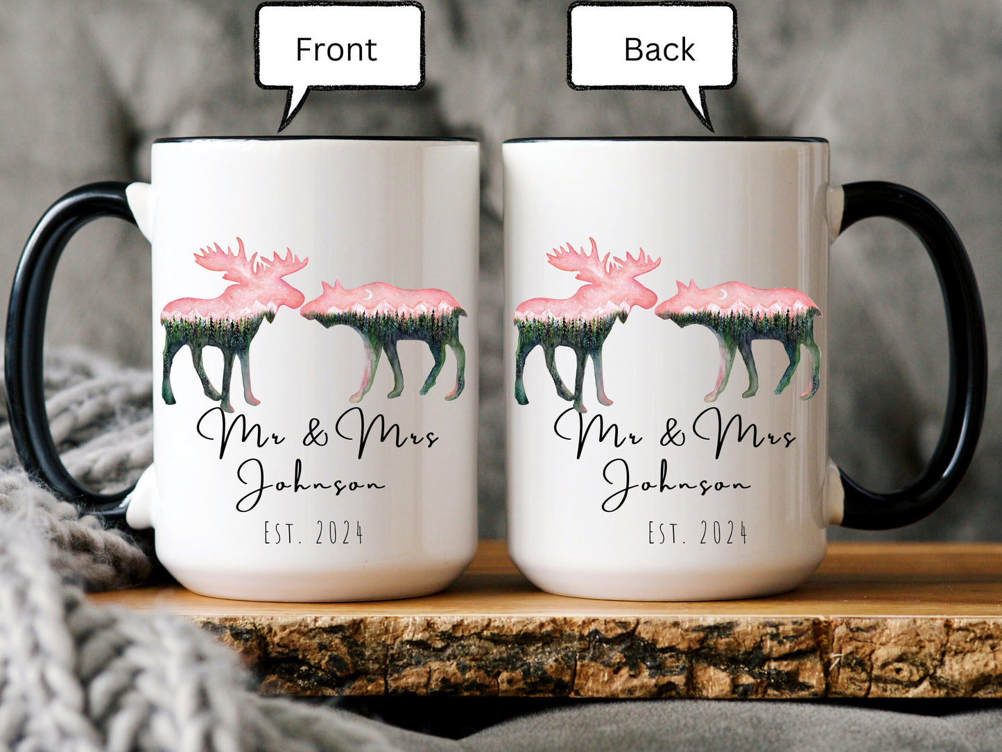 Personalized Moose Mug, Mr and Mrs Mug, Wedding Gift for Couple Gift, Custom Couple Name Mug, New Bride and Groom Gift, Husband and Wife Mug