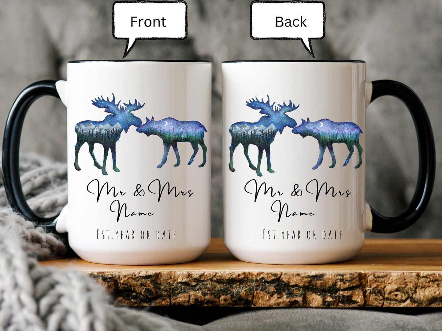 Personalized Mr and Mrs Coffee Mug, Moose Mug, Husband and Wide Mug, Bride and Groom Mug, Mr. and Mrs Mug, Mountain Moose, Anniversary Gift
