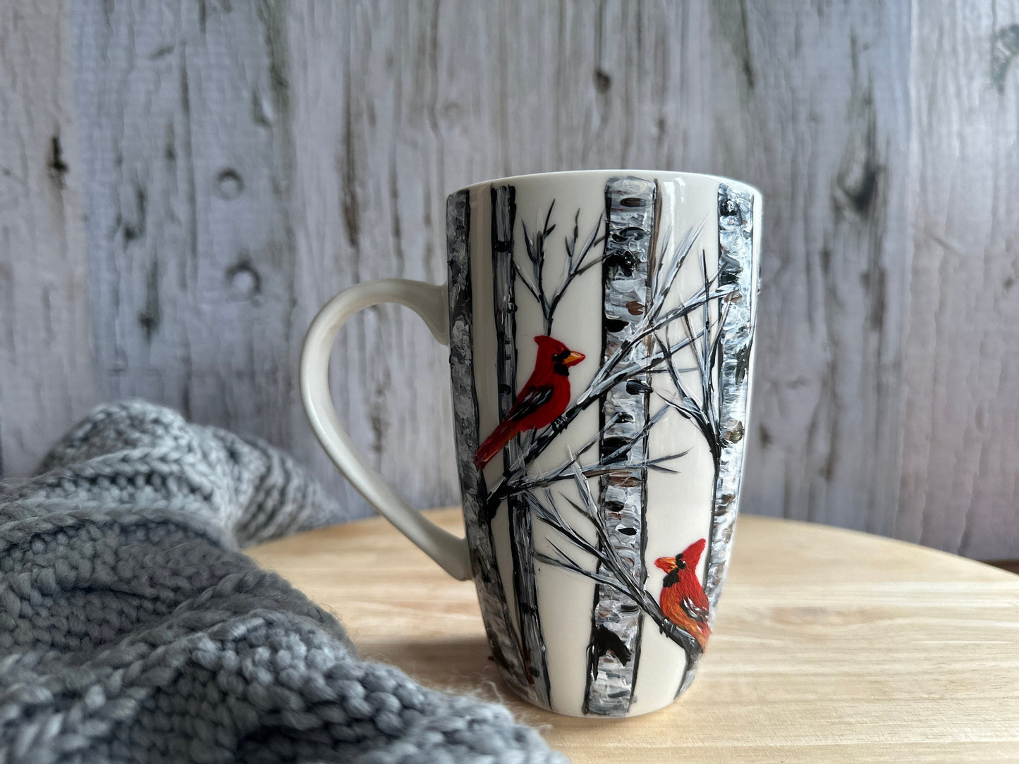 Hand-Painted Cardinal Birch Tree Mug: Bird Lover Gift