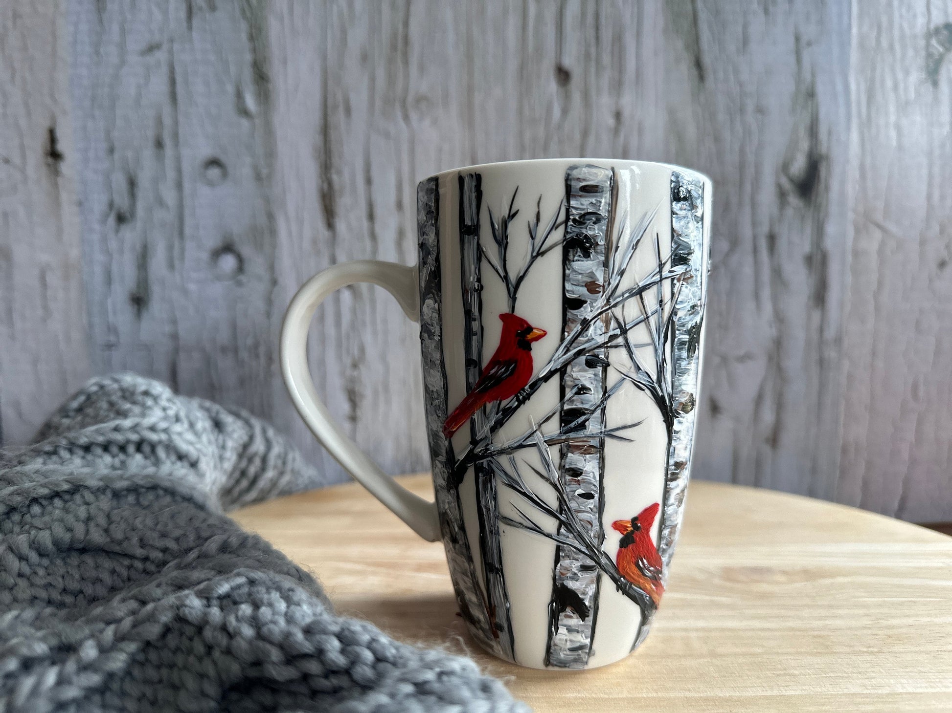 Hand-Painted Cardinal Birch Tree Mug: Bird Lover Gift