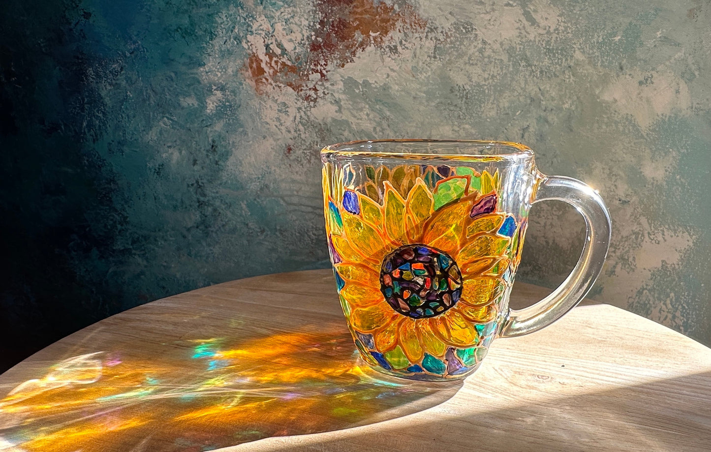 Hand-Painted Sunflower Glass Mug: Stained Glass Style Flower Gift