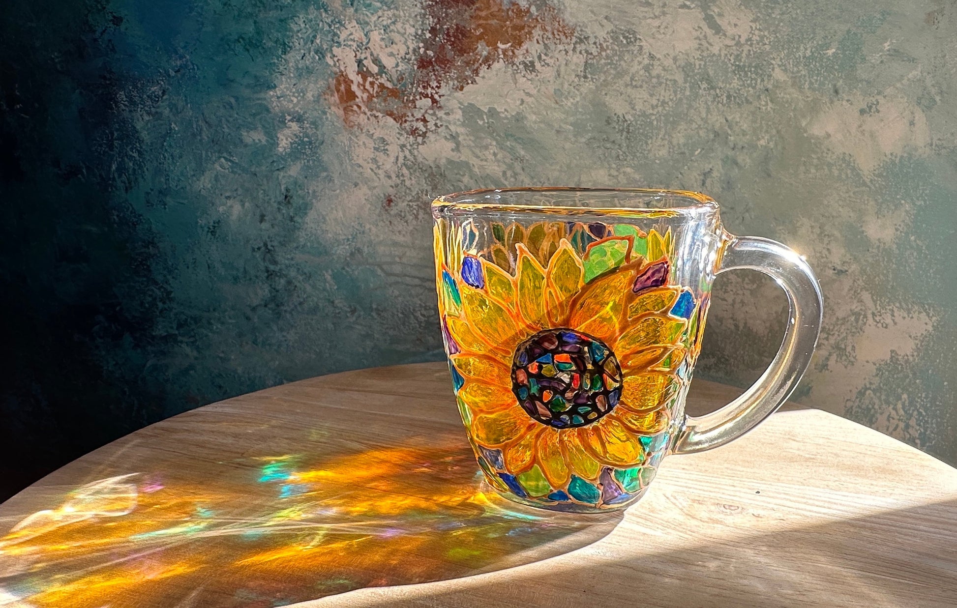 Hand-Painted Sunflower Glass Mug: Stained Glass Style Flower Gift