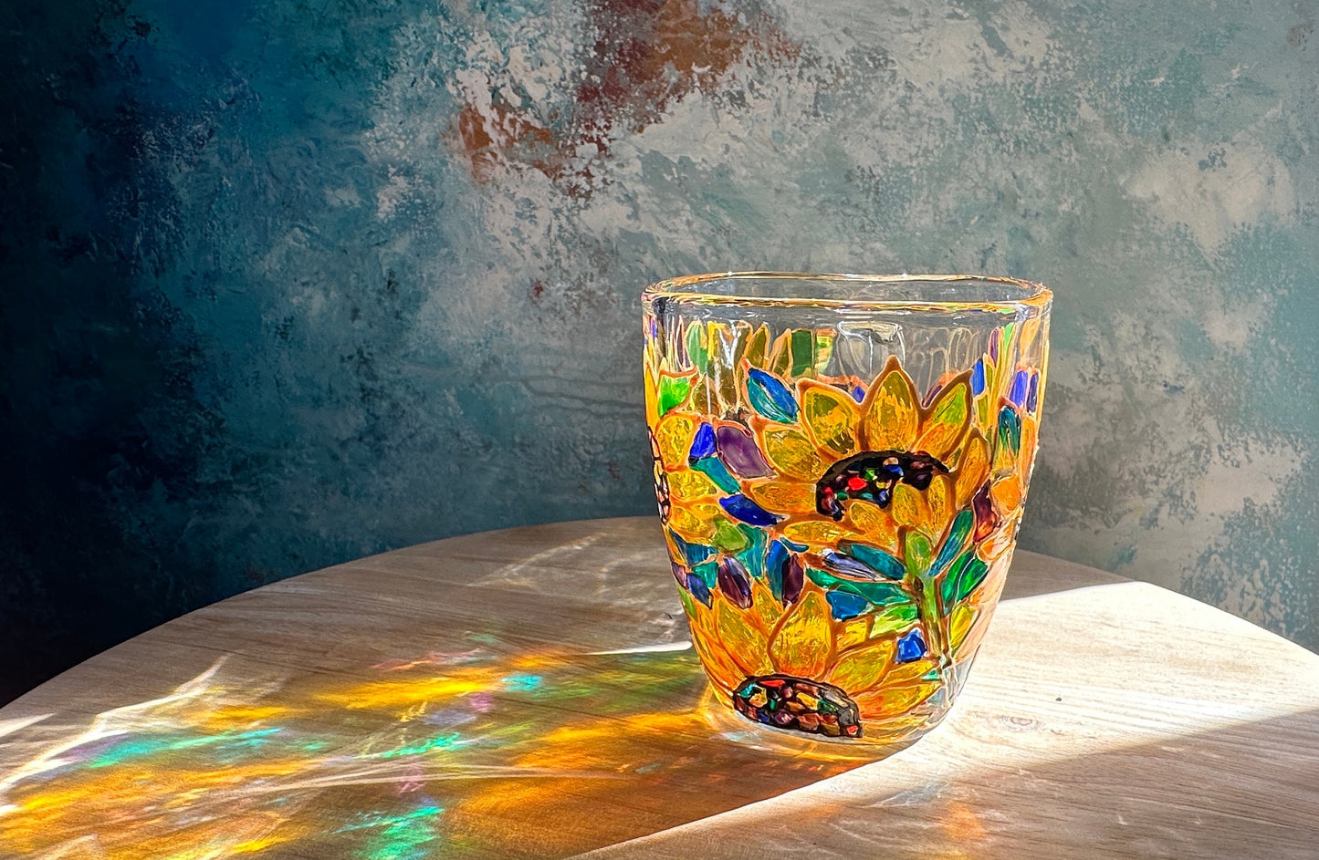 Hand-Painted Sunflower Glass Mug: Stained Glass Style Flower Gift