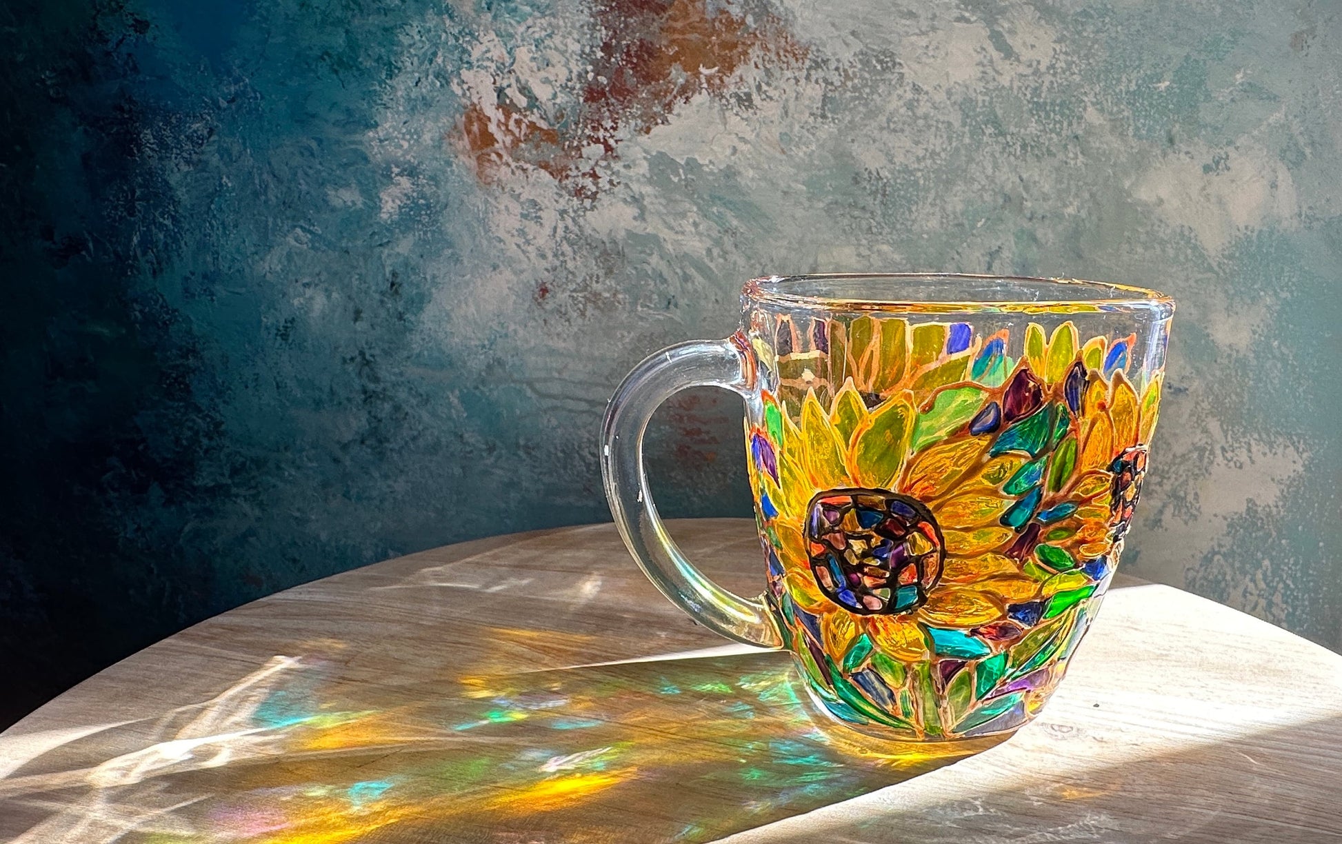 Hand-Painted Sunflower Glass Mug: Stained Glass Style Flower Gift