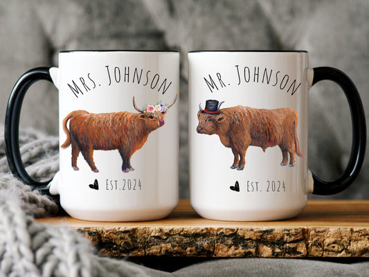 Personalized Mr. and Mrs. Coffee Mug, Highland Cow Couple Mug, Wedding Gift for Couple, Highland Cow Gift, Anniversary Gift, Engagement Gift