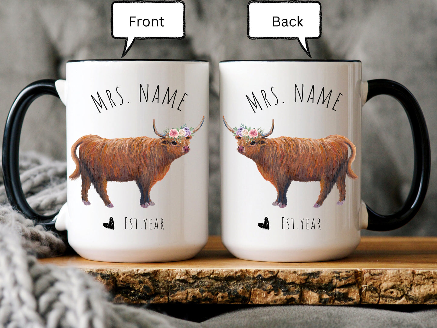 Personalized Mr. and Mrs. Coffee Mug, Highland Cow Couple Mug, Wedding Gift for Couple, Highland Cow Gift, Anniversary Gift, Engagement Gift