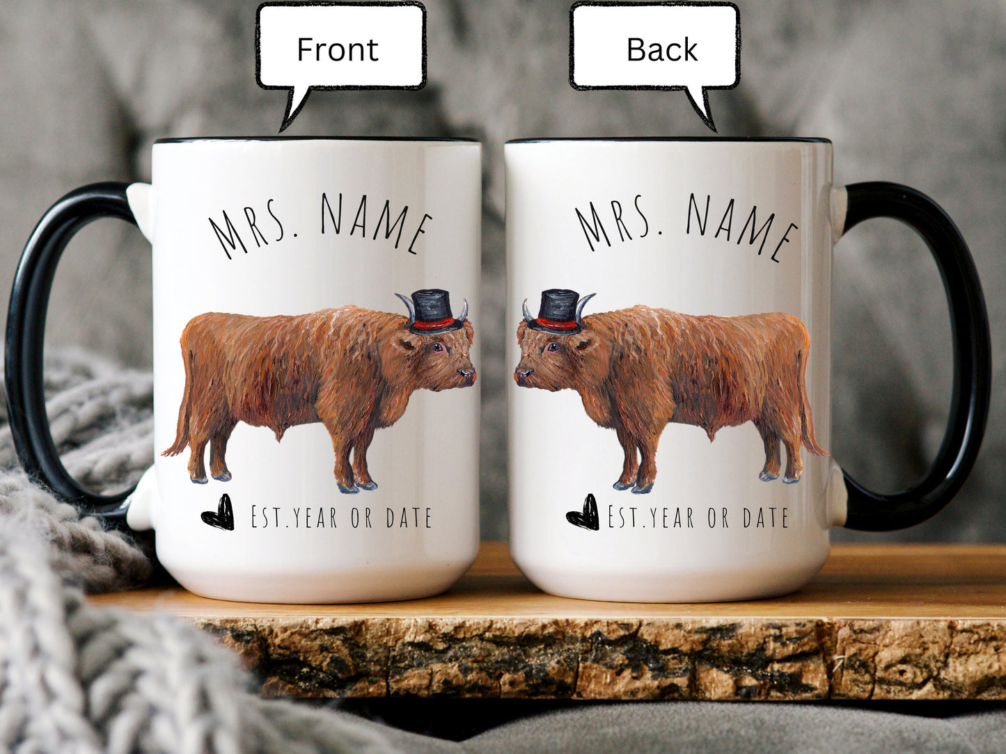 Personalized Mr. and Mrs. Coffee Mug, Highland Cow Couple Mug, Wedding Gift for Couple, Highland Cow Gift, Anniversary Gift, Engagement Gift