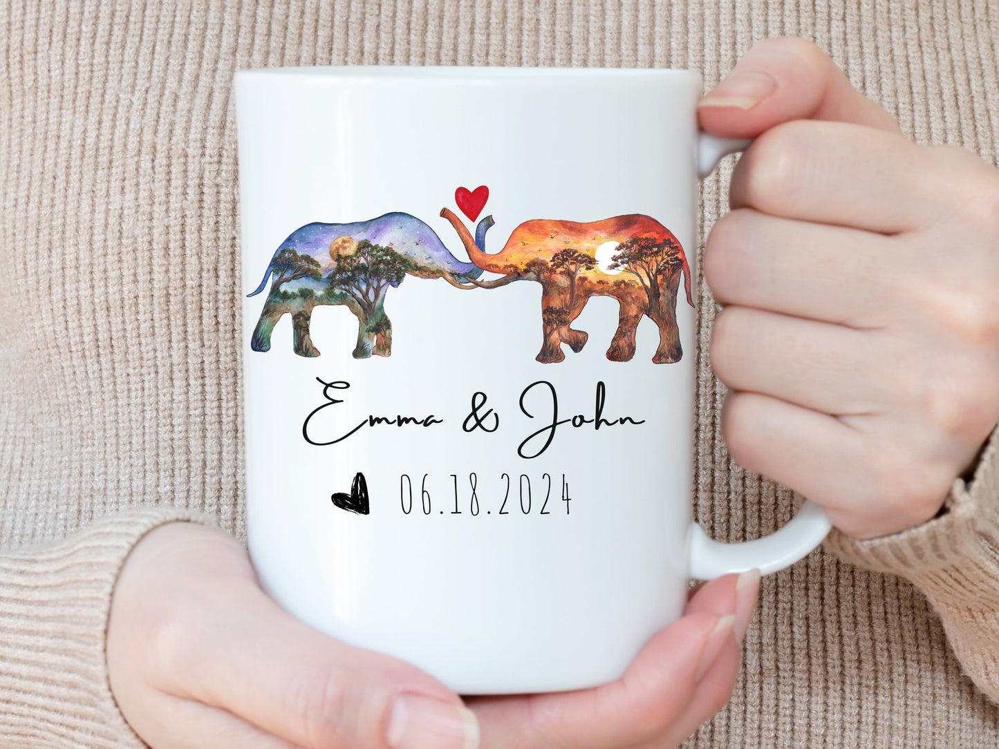 Personalized Elephant Couple Mug, Wedding Anniversary Gift