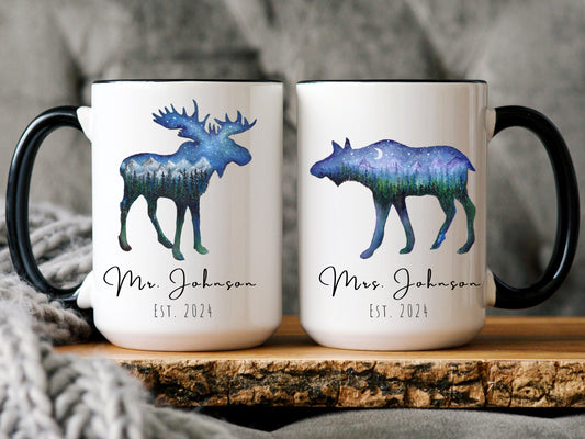 Personalized Mr and Mrs Coffee Mug, Moose Mug, Husband and Wide Mug, Bride and Groom Mug, Mr. and Mrs Mug, Mountain Moose, Anniversary Gift