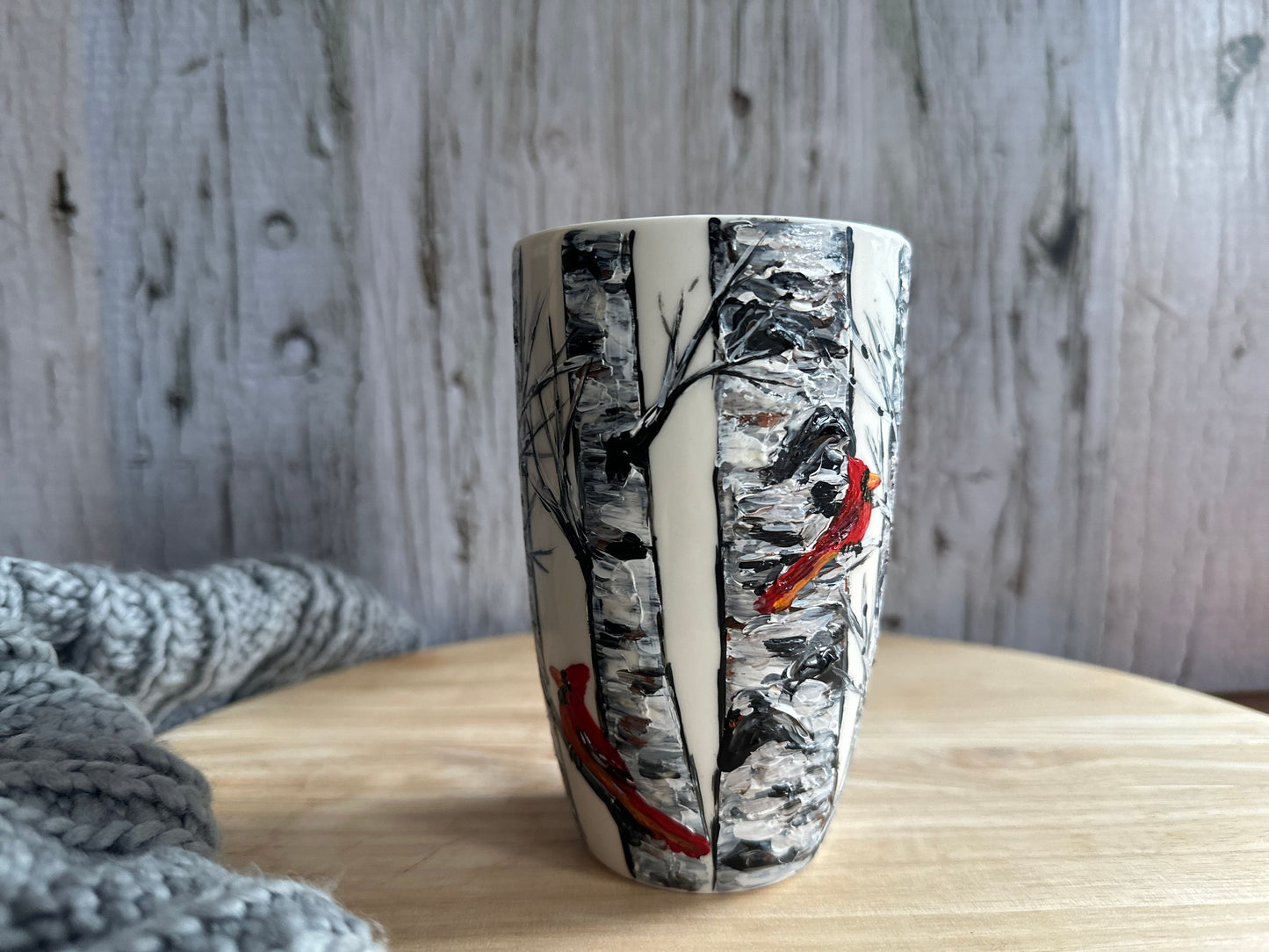 Hand-Painted Cardinal Birch Tree Mug: Bird Lover Gift