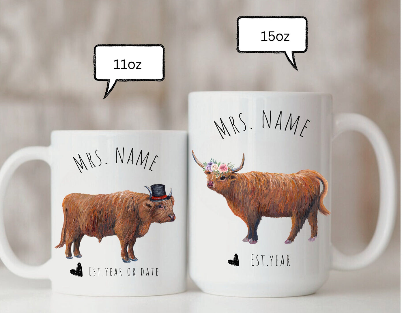 Personalized Mr. and Mrs. Coffee Mug, Highland Cow Couple Mug, Wedding Gift for Couple, Highland Cow Gift, Anniversary Gift, Engagement Gift