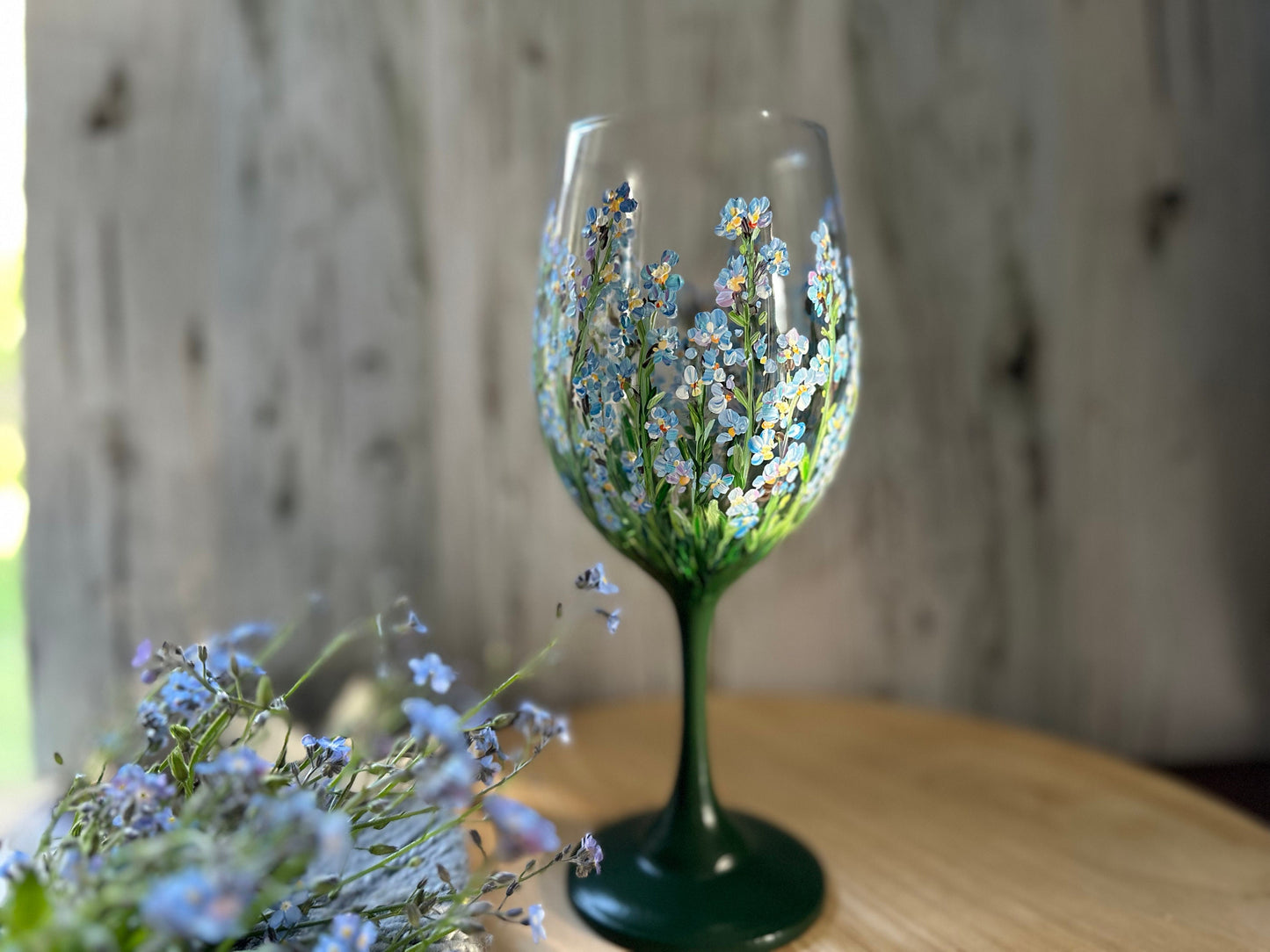 Hand-Painted Forget Me Not Wine Glass: Personalized Floral Gift