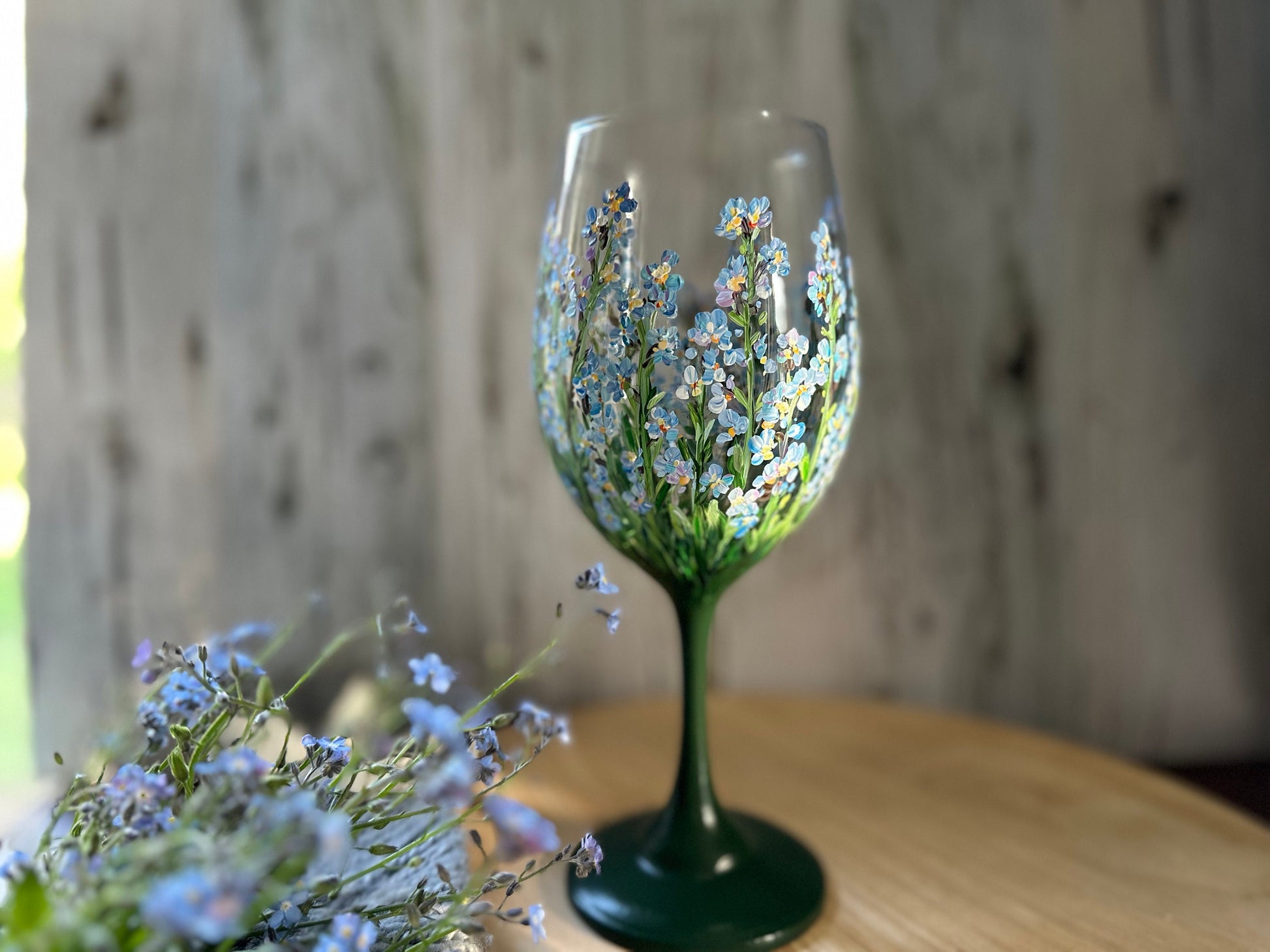 Hand-Painted Forget Me Not Wine Glass: Personalized Floral Gift