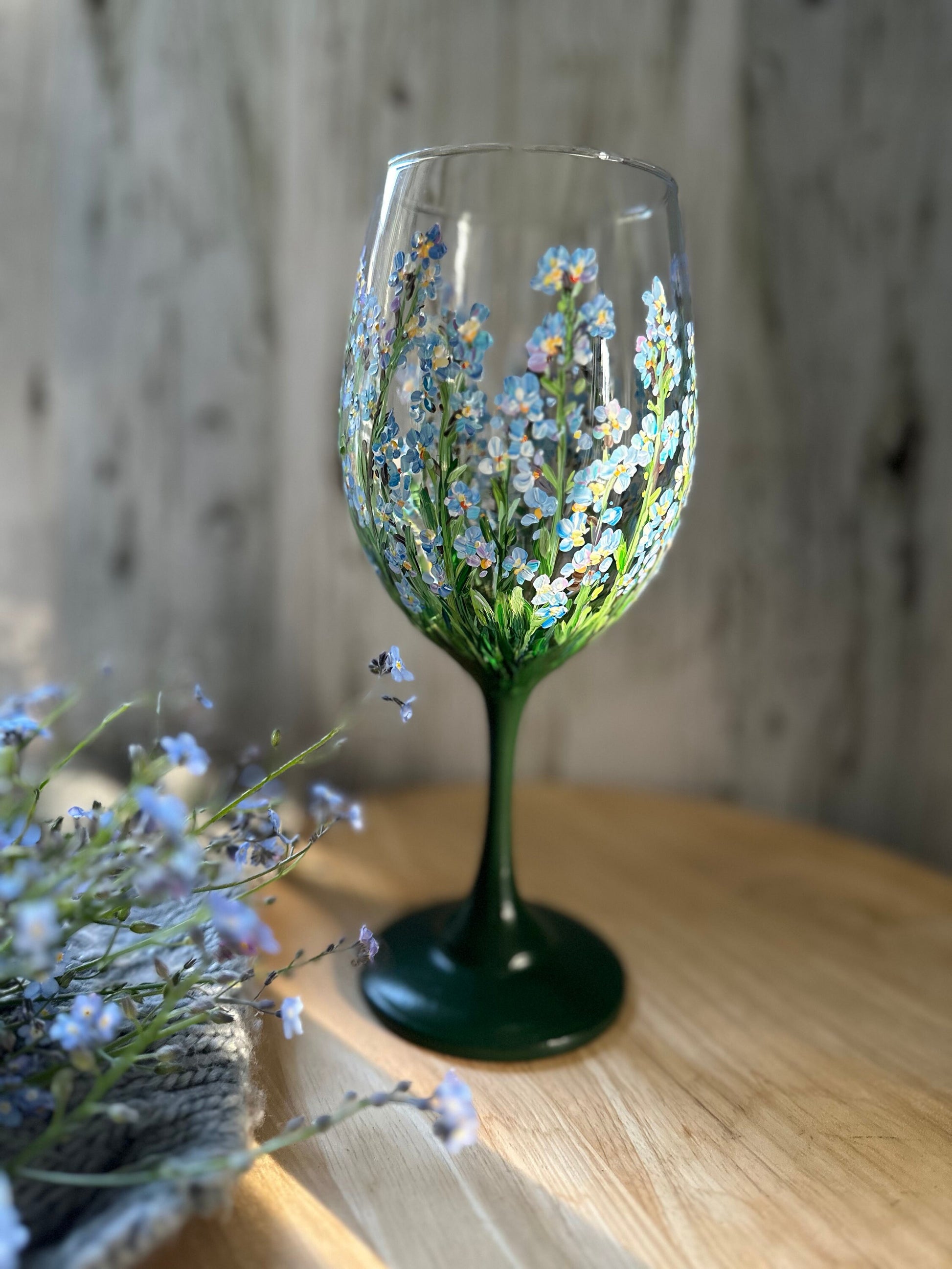 Hand-Painted Forget Me Not Wine Glass: Personalized Floral Gift