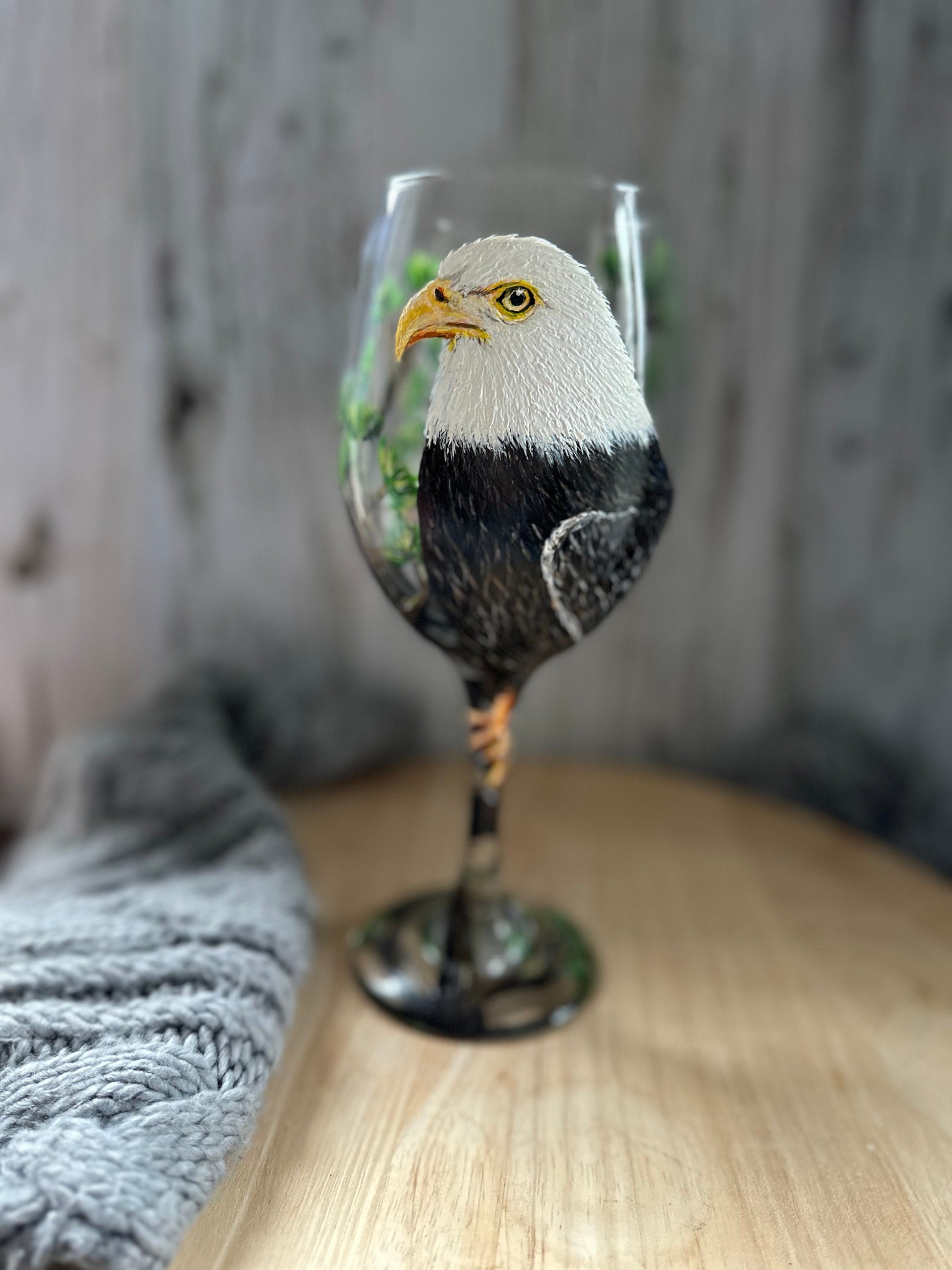 Hand Painted Eagle Wine Glass: Unique Bird Lover Gift