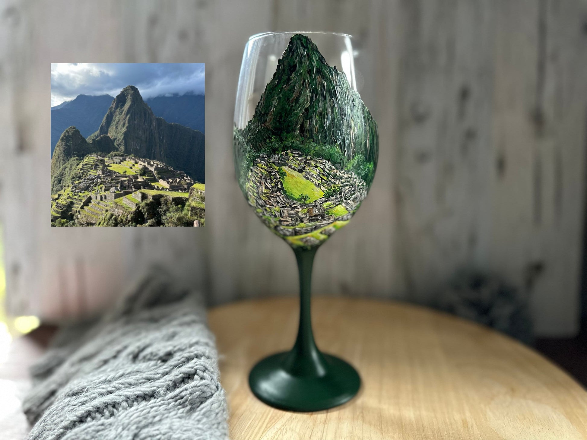 Hand Painted Custom Wine Glass: Personalized Landscape Travel Gift
