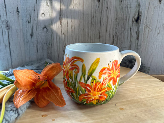 Hand Painted Tiger Lily Mug, Custom Flower Mug, Orange Flower Mug, Custom Name Cup, Lily Coffee Cup, Custom Floral Mug,Tiger Lily Lover Gift