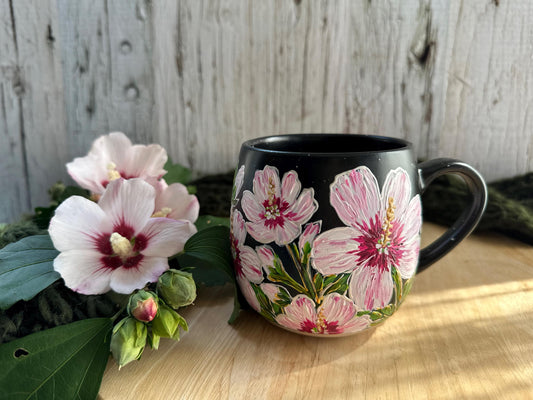 Hand Painted Rose of Sharon Mug, Hibiscus Flower Mug, Pink Flower Mug, Flower Wedding Gift, Hibiscus Birthday Gift, Hibiscus Lover Gift