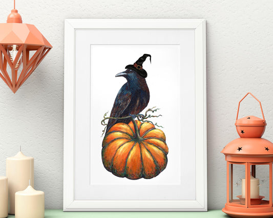 Halloween Witch Crow Print (Black Hat)
