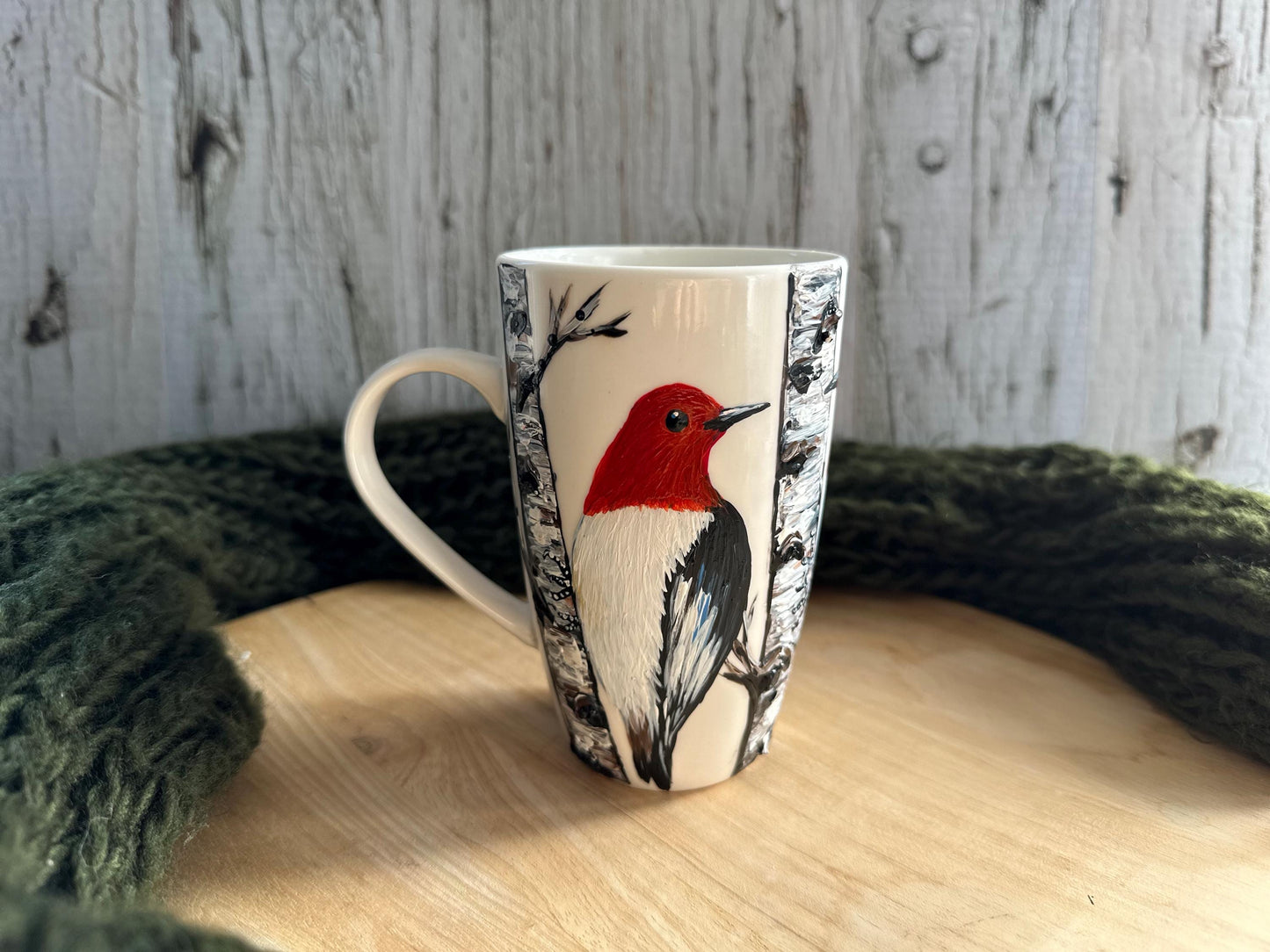 Hand Painted Red-Headed Woodpecker Mug: Bird Lover Gift