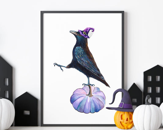 Halloween Witch Crow Print (Purple Hat)