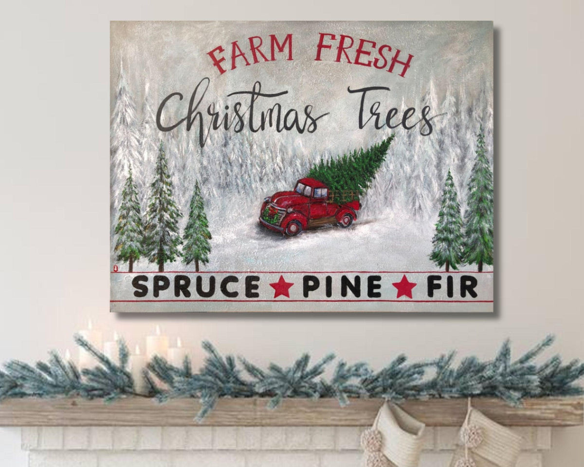 Hand painted Farm Fresh Christmas Trees canvas sign with red truck