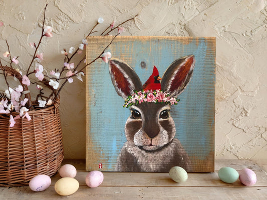 Original Bunny Painting On Wood, Spring Sign, Bunny Lover Gift, Bunny Cardinal, Easter Rabbit Painting, Gift for Mom, Gift for Grandma