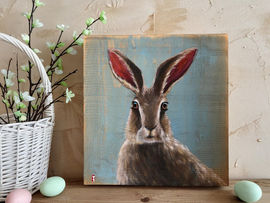 Hare Painting on Wood, Original Easter Bunny Painting, Spring Sign, Bunny Lover Gift, Gift for Mom, Farmhouse Decor, Wildlife Painting