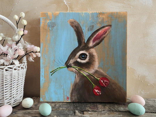 Original Bunny Painting on Wood, Spring Sign, Bunny Lover Gift, Bunny and Tulip, Easter Rabbit Painting, Gift for Mom, Mother's Day Gift