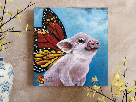 Original Pig Painting: Farmhouse Butterfly Pig Art on Wood