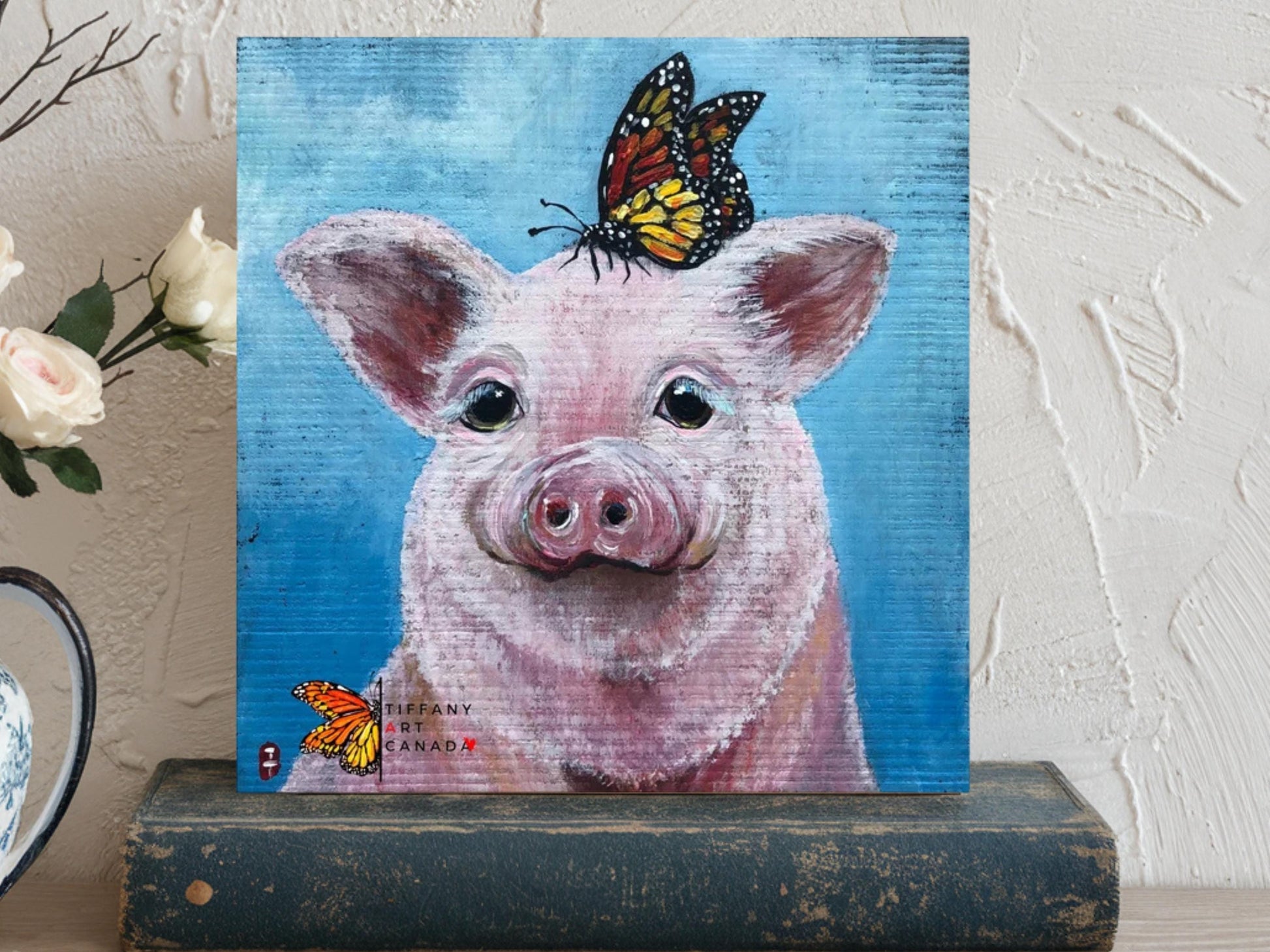 Original Pig Painting on Wood: Farmhouse Piggy Wall Art